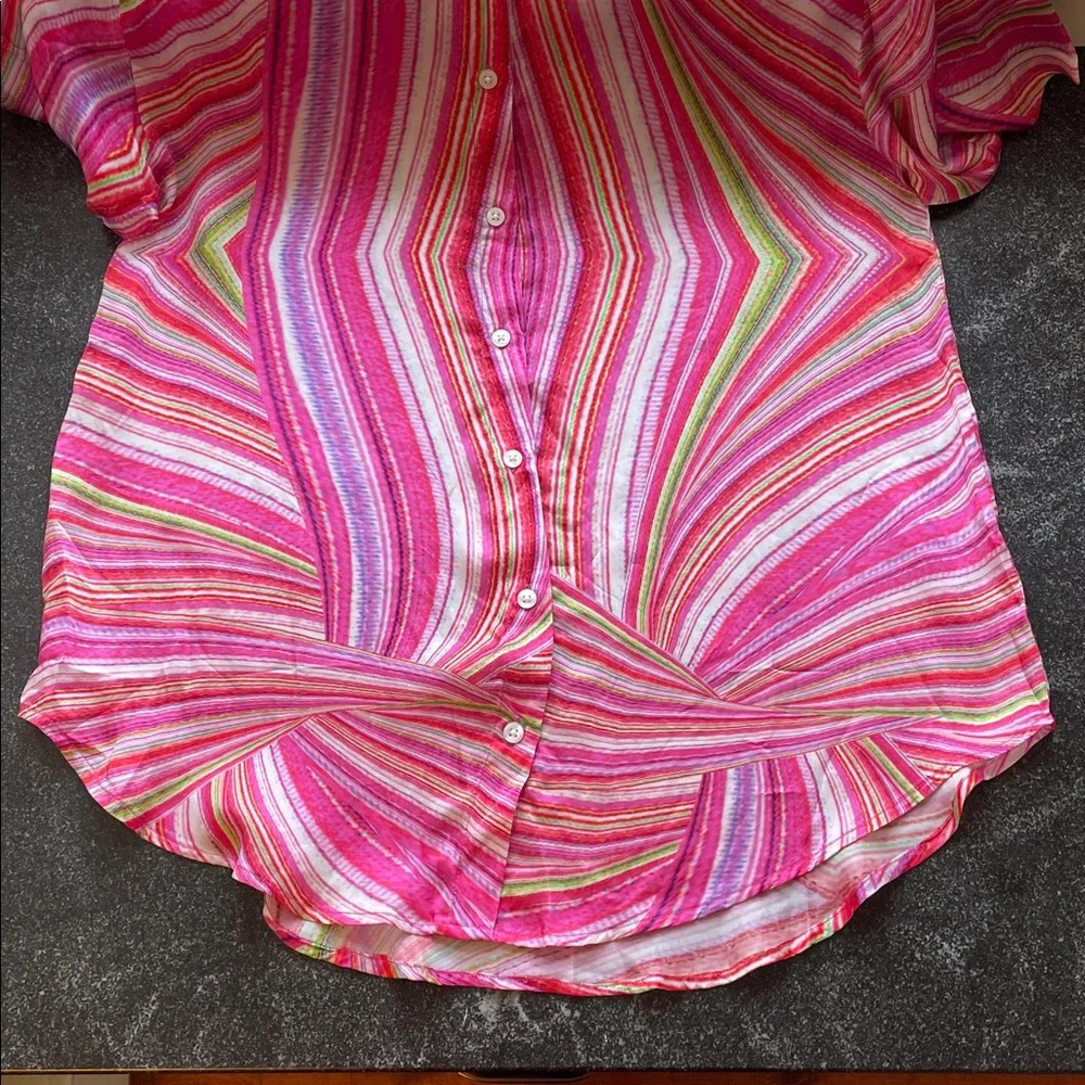 NWT Frankie’s Bikinis Fifi Medium (M) Cover Up/ Button Down Striped Pink Green